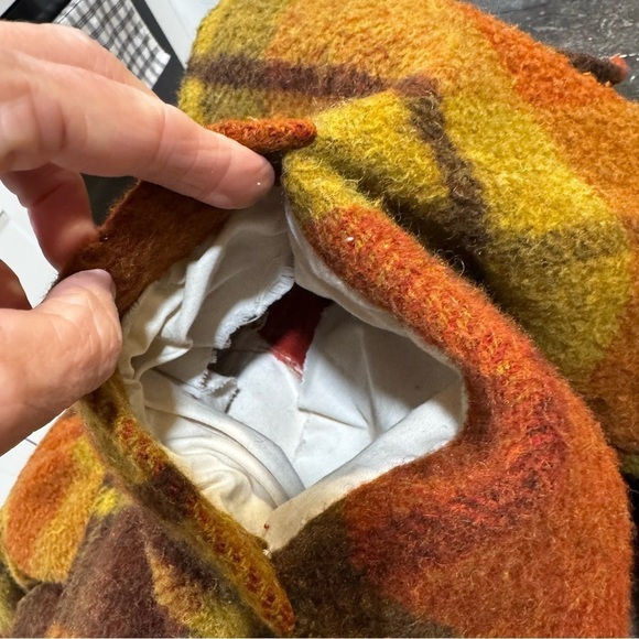 Vintage wool blend men's snap up coat checkered pattern orange brown pockets, M. - Picture 16 of 16